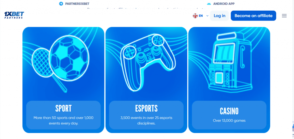 واجهة موقع الشراكة 1xBet Partners مع أقسام الرياضة، الرياضات الإلكترونية، والكازينو